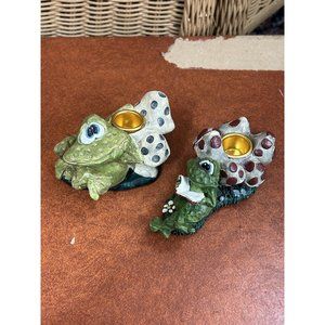 Vintage kitschy Russ Berrie frog mushrooms candle holder Lily Pad Pals set of 2